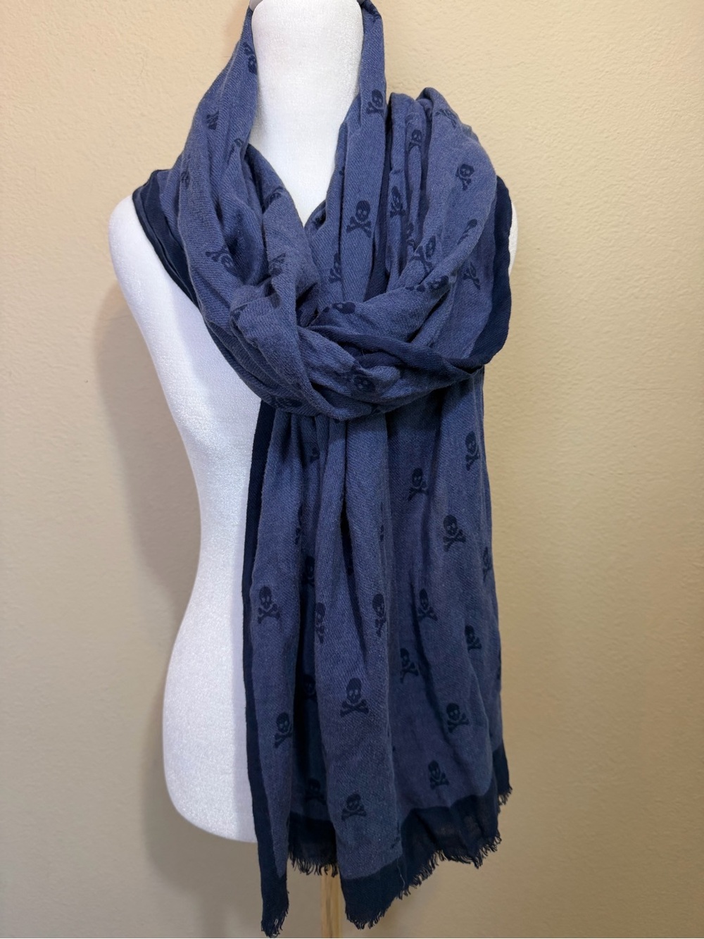 Scalpers Blue Skull Print Fringe Scarf Wrap Lightweight
